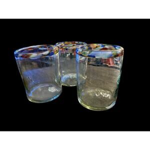 Set of 3 Hand Blown Glass Mexican Confetti Rimmed Rock Tumbler Glasses NEW